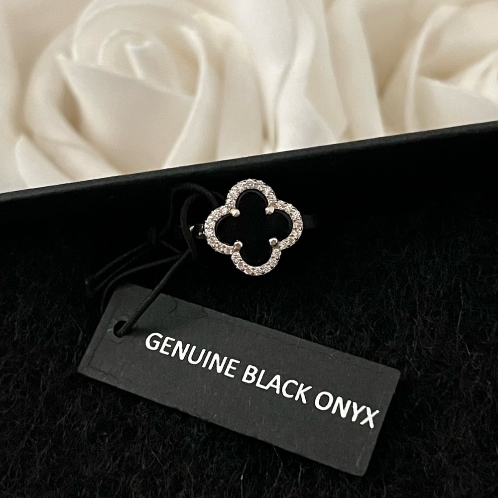 Black Onyx gold plated sterling silver Clover Ring